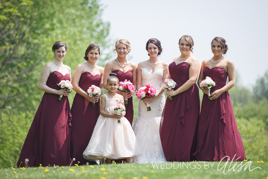 Merlot bridesmaids gowns at summer wedding